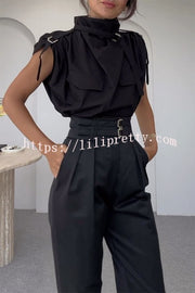 Lilipretty® Statement Breast Pocket High Neck Top and Side Pocket Belt Long Pant Set