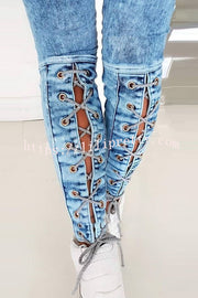 Nia High Rise Elastic Waist Eyelet Lace-up Skinny Stretch Jeans