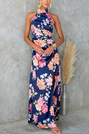 Lilipretty Bloom Time Satin Floral Print High Neck Slit Maxi Dress