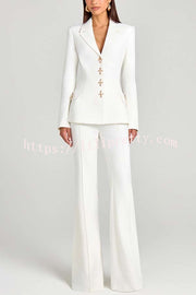 Women Power Metal Cross Snap Button Long Sleeve Lapel Blazer