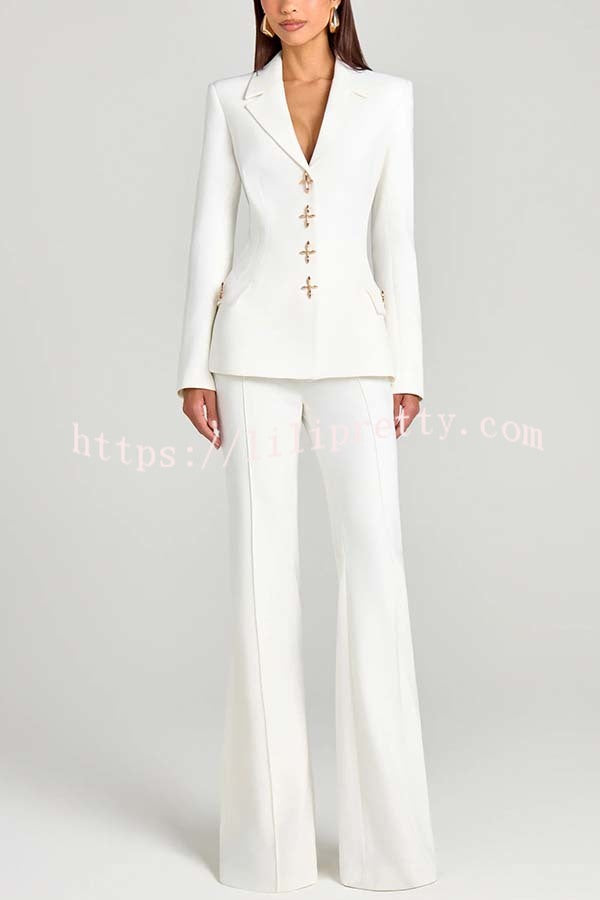 Women Power Metal Cross Snap Button Long Sleeve Lapel Blazer