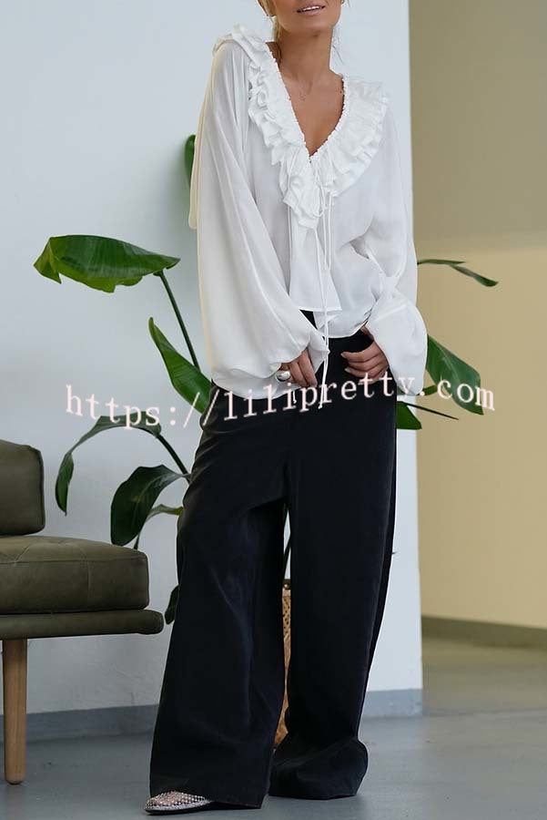 Ashlyne Tiered Ruffle Neckline Tie-up Balloon Sleeve Loose Blouse