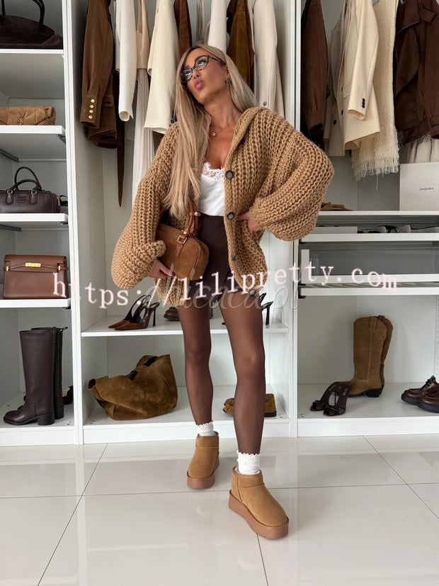 Warm Day Knit Button Up Long Balloon Sleeve Hooded Loose Cardigan