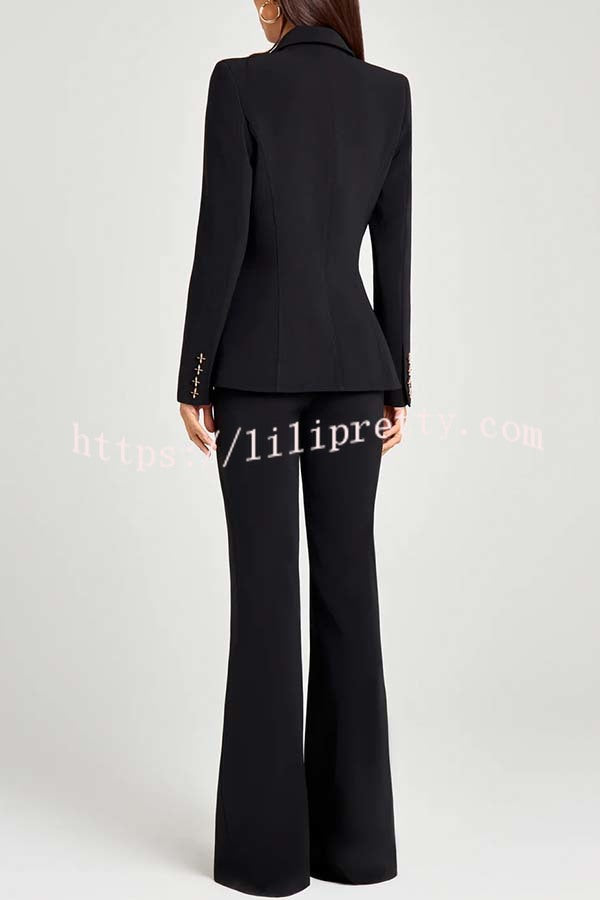 Women Power Metal Cross Snap Button Long Sleeve Lapel Blazer