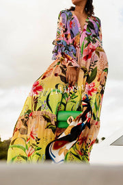 Jessy Tropical Print Tiered Ruffle Balloon Sleeve Vacation Maxi Dress