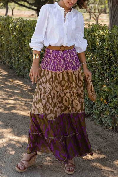 Resort Style Unique Print Elastic Waist Loose Stitching Maxi Skirt