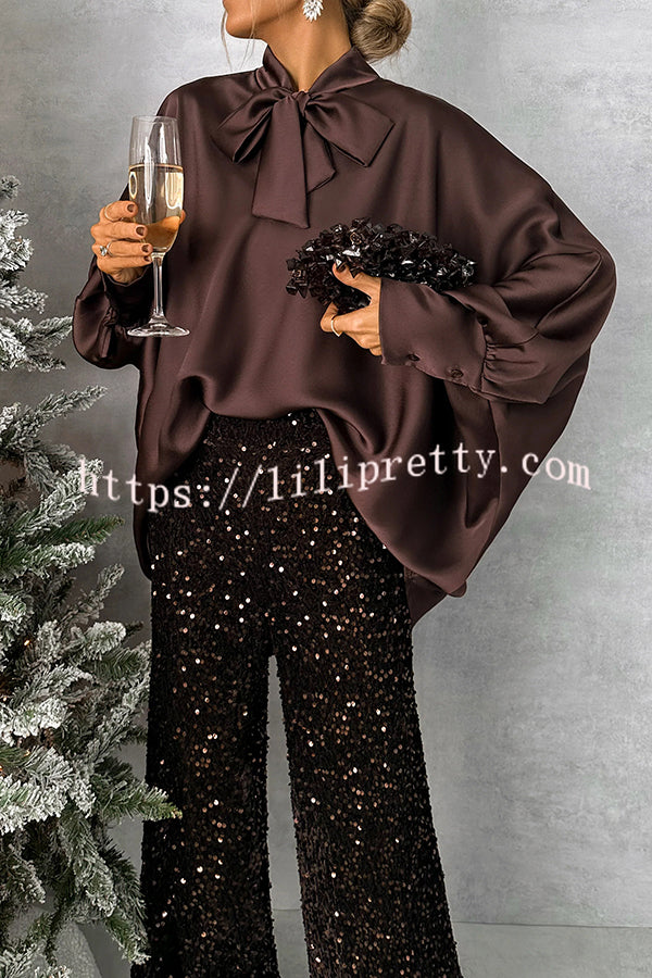 Chic and Merry Satin Bow Neck Batwing Sleeve Loose-fitting Blouse