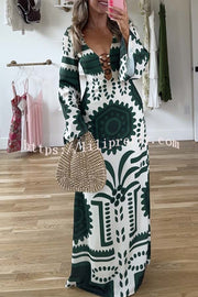 Holiday Fashion Unique Print Front Center Hollow Ring Long Sleeve Maxi Dress