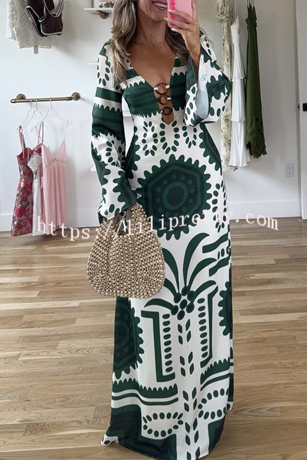 Holiday Fashion Unique Print Front Center Hollow Ring Long Sleeve Maxi Dress