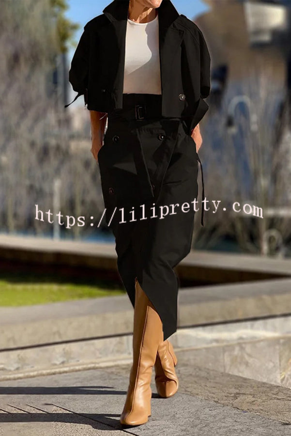 Work Style Lapel Long Sleeve Jacket and Button Belt Pocketed Slit Midi Skirt Set