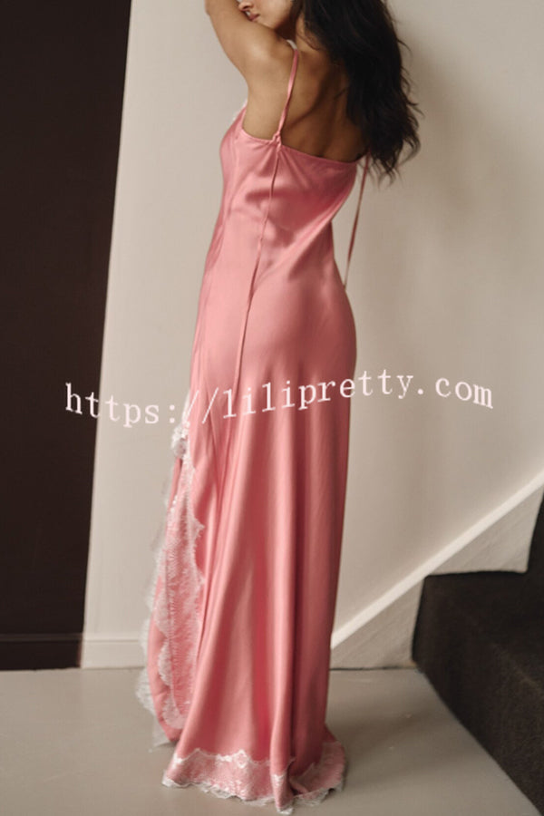 Breezy City Fall SatinLace Petal Trim Slip Tie-up H-line Slit Maxi Dress