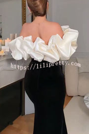 Cecily Velvet Off Shoulder Satin Structured Bardot Neck Stretch Maxi Dress