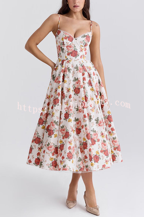 Fairy Tale Gorgeous Italian Rose Print Tulle Pocketed Slip Midi Dress