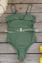 Solid Color Suspender Buckle Waist Elastic Swimsuit