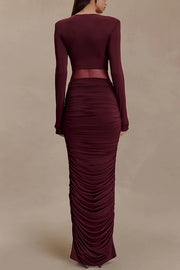 Sexy See-through Long-sleeved V-neck Pleated Slim-fit Maxi Dress