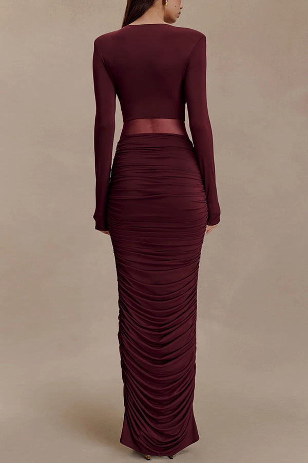 Sexy See-through Long-sleeved V-neck Pleated Slim-fit Maxi Dress