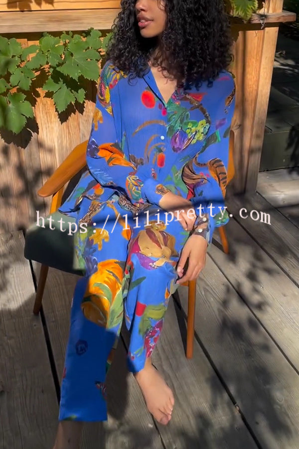 Unique Print Lapel Long Sleeve Loose Shirt and Elastic Waist Pocket Wide Leg Pants Set