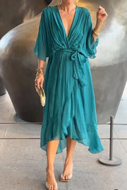 Solid Color V-neck Bat Sleeve Lace-up Irregular Hem Midi Dress