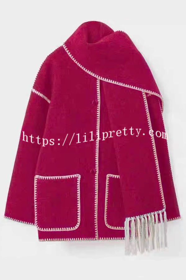 Stylish Loose Pocket Long Sleeve Coat and Warm Fringed Scarf