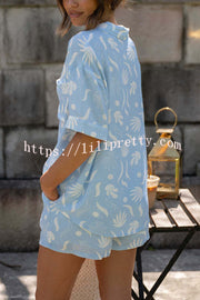 Lilipretty Freedom and Comfort Printed Button Up Blouse and Elastic Waist Pocketed Shorts Set