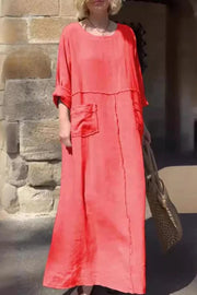 Linen Blend Solid Color Long-sleeve Paneled Pockets Loose Maxi Dress