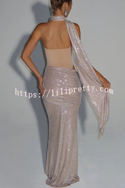 Kailani Sequin Strapless Mesh Cutout Waist Ruched Scarf Maxi Dress