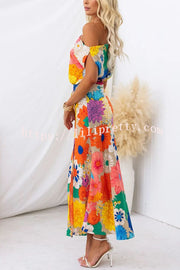 Lilipretty Happiness Always Floral Print Asymmetric Neck Elastic Waist Party Maxi Dress