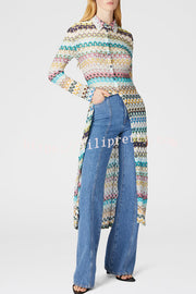 Anna Knit Colorful Herringbone Print Shirt Neck Button Long Sleeve Slim-fit Long Cardigan