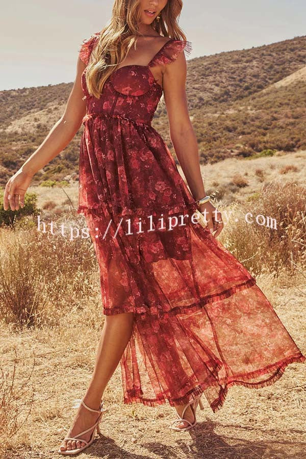 Romantic and Elegant Mesh Floral Back Smocked Tiered Ruffle Maxi Dress