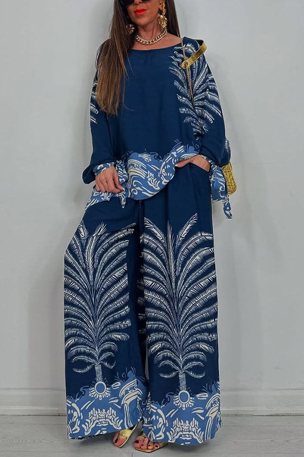 Unique Print Loose Drawstring Long Sleeve Top and Elastic Waist Casual Pocket Wide Leg Pants Set