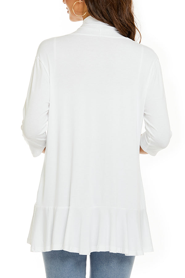 Solid Color Casual Three-quarter Sleeve Ruffled Loose Cardigan