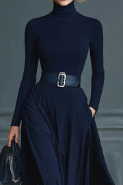 Solid Color High-neck Long-sleeved Elegant Slim-fit Maxi Dress