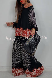 Unique Print Loose Drawstring Long Sleeve Top and Elastic Waist Casual Pocket Wide Leg Pants Set