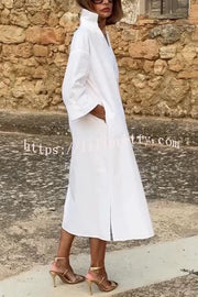 Solid Color V-neck Half-sleeve Loose Slit Midi Dress