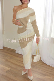 Soft Autumn Knit Colorblock One Shoulder Sleeve Ribbed Trim Loose Sweater