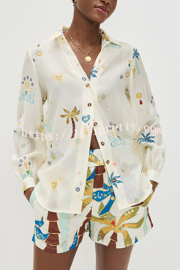 Linen Blend Resort Coconut Palm Print Long Sleeve Lapel Shirt and Elastic Waist Casual Pocket Shorts Set