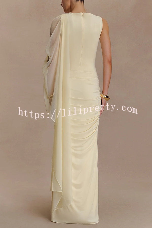 Fashionable Mesh Shawl Sleeveless Slim Fit Pleated Maxi Dress