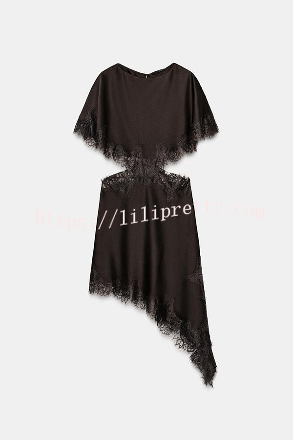 Jessica Satin Lace Trim Cape Sleeves Cutout Waist Asymmetrical Hem Midi Dress