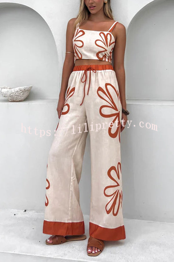 Floral Print Suspender Back Pleated Top and Elastic Waist Drawstring Pants Set