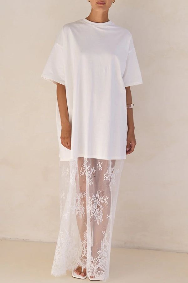 Ophelia Short Sleeve Sheer Floral Lace Hem Oversized T-shirt Maxi Dress