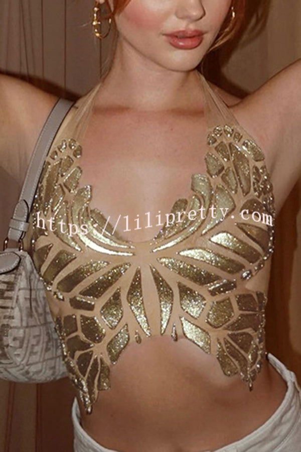 Timeless Beauty Gold Metallic Butterfly Back Lace-up Halter Tank