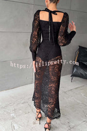 Timeless Moment Floral Lace Square Neck Button Up Balloon Sleeve Top