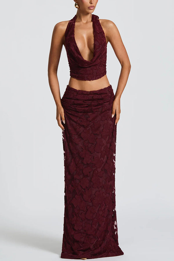 Myra Floral Burnout Jersey Fabric Halter Crop Tank and Ruched Maxi Skirt Set
