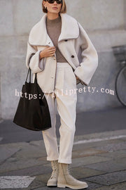 Romane Faux Fleece Fabric Contrast Trim Long Sleeve Knitted Pocket Lapel Loose Jacket