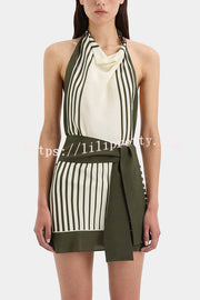 Summer Event⁠ Striped Beads Cowl Neck Backless Tie-up Mini Dress