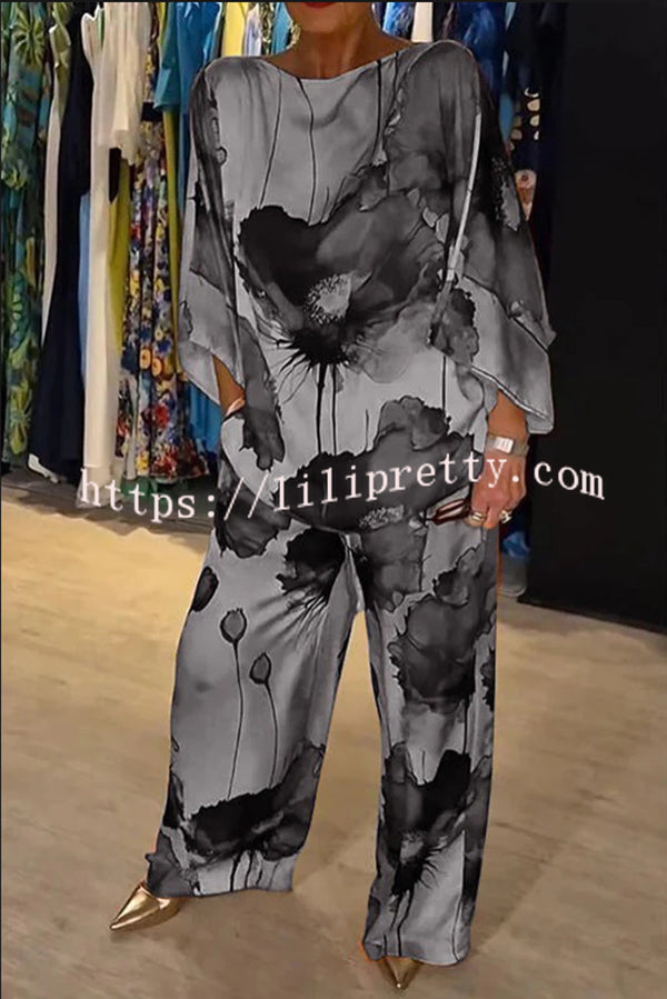 Satin Botanical Print Crew Neck Casual Top and Elastic Waist Loose Pocket Pants Set