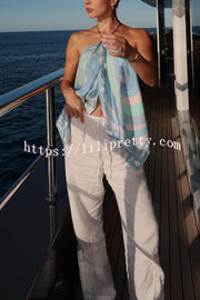 Artistic Girl Satin Unique Print Metal Chain Halter Draped Scarf Tank