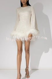 Stylish Sequined Feather Long-sleeved Sexy Backless Mini Dress