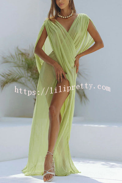 Lilipretty® Enjoy Your Vacation Linen Blend Ruched Shoulder Drape Loose Cover Up Maxi Dress