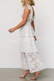 Solid V-neck Ruffled Sleeves Cinched Waist Maxi Dress